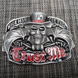 Biker Belt Buckle Rockabilly "Ride Hard Die Free" Skull Bat Wings Ace Howdy